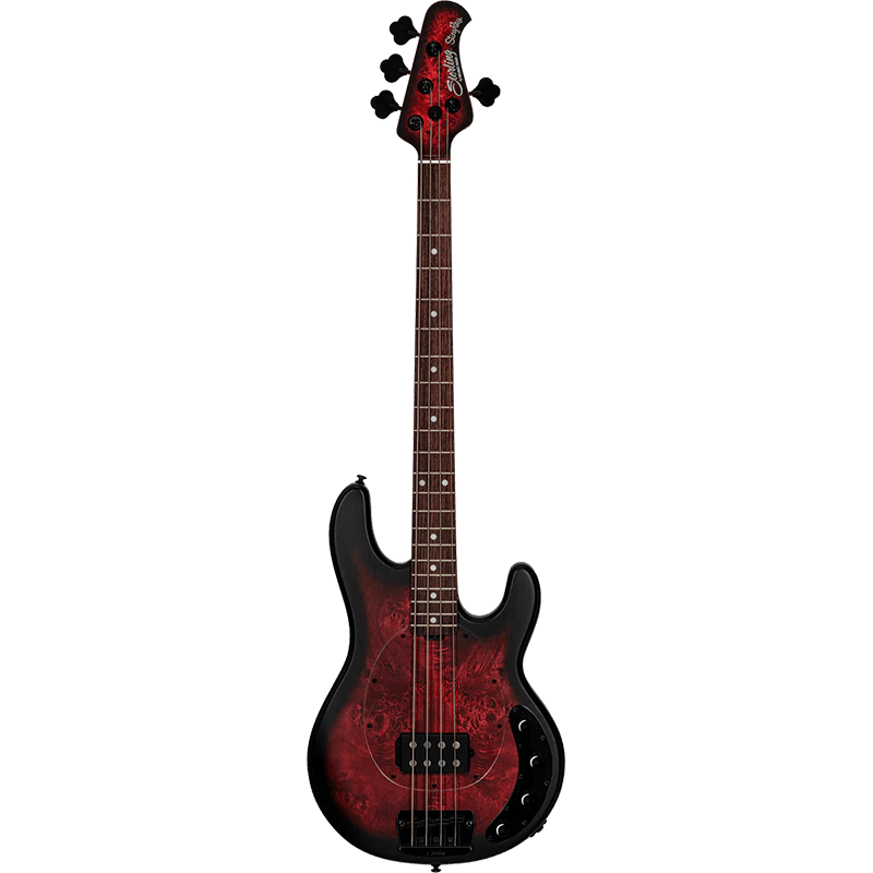 Sterling by Music Man Stingray Ray34PB - Poplar Burl - RW - Dark Scarlet Burst Satin