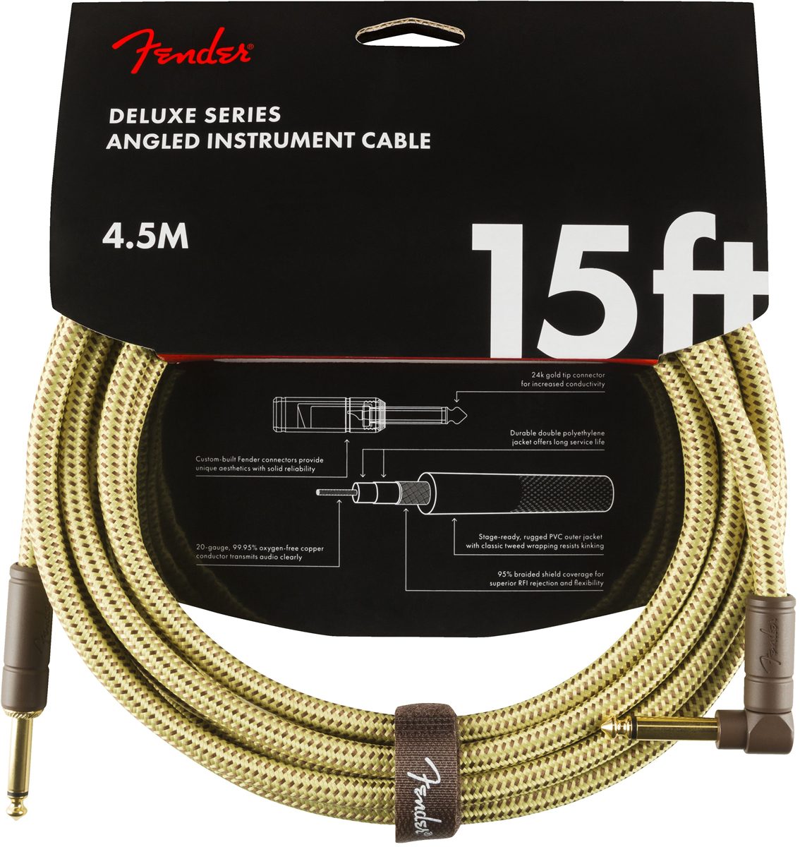 Fender Deluxe Series 15ft Straight/Angle Jack Instrument Cable - Tweed