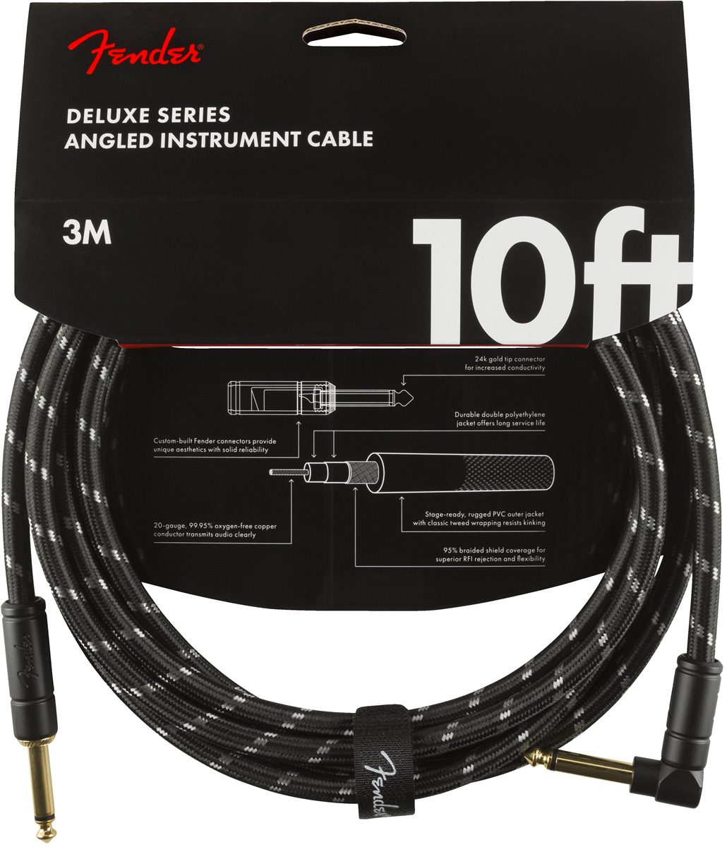 Fender Deluxe Series 10ft Straight/Angle Jack Instrument Cable - Black Tweed