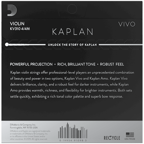 D'addario KV310 Kaplan Vivo Violin Strings - 4/4 - Medium Tension - Image 3