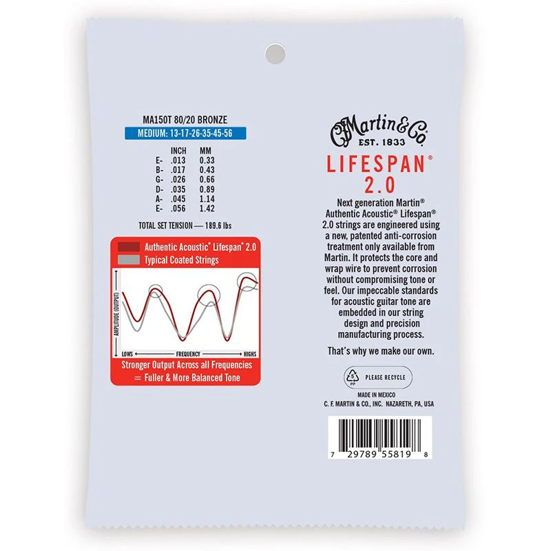 Martin Authentic Acoustic Lifespan 2.0 80/20 Bronze Guitar Strings - Medium 13-56 - Image 3